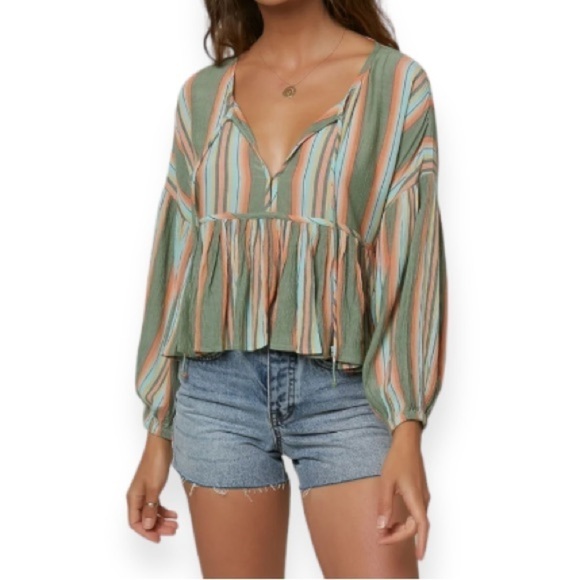 O’NEILL Rosie Stripe Top Bohemian Tie Closure Small Green Blue - Picture 7 of 12